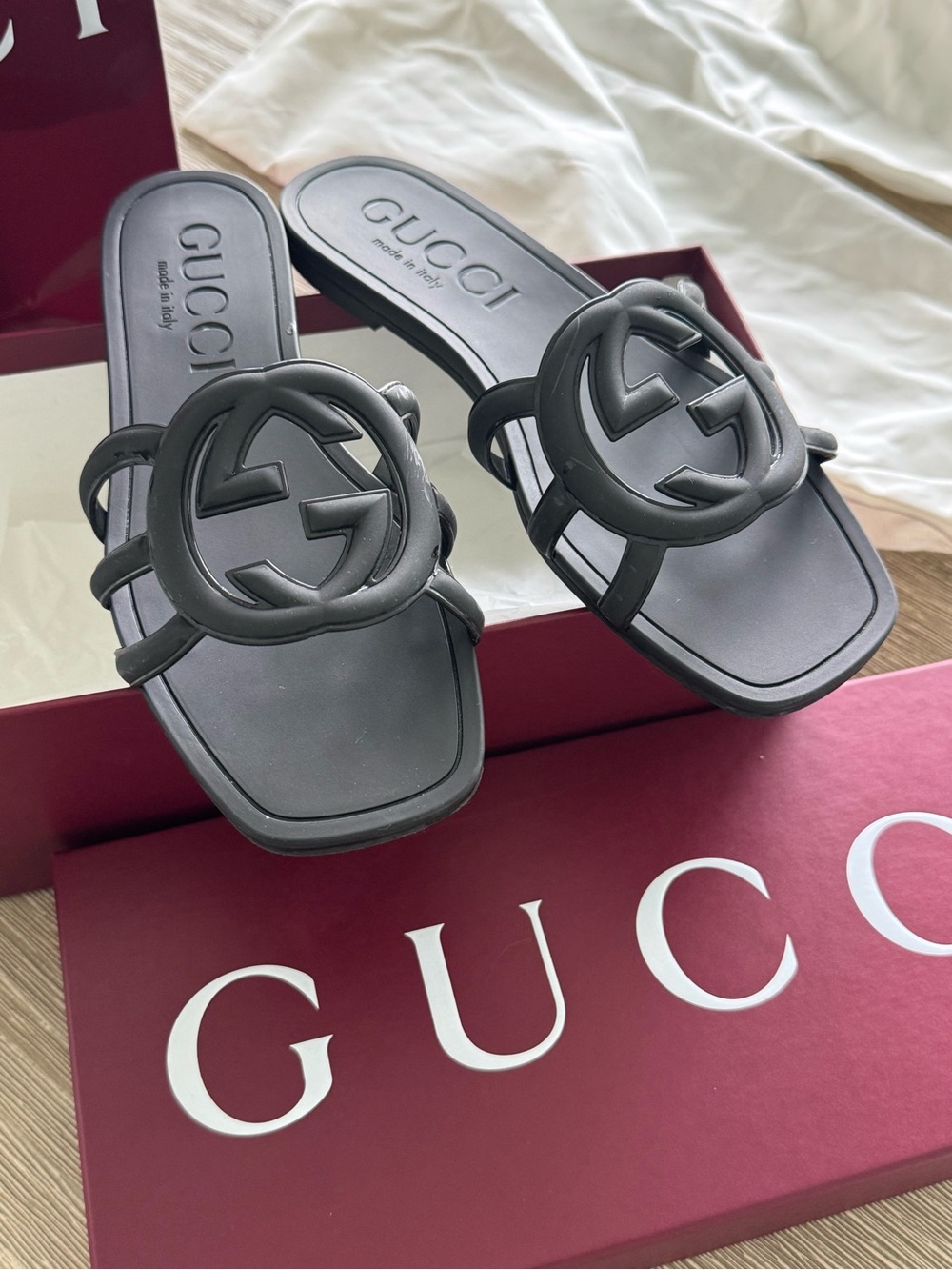 Gucci Black GG Rubber Slide Sandals - Women's Slip-On Logo Slides